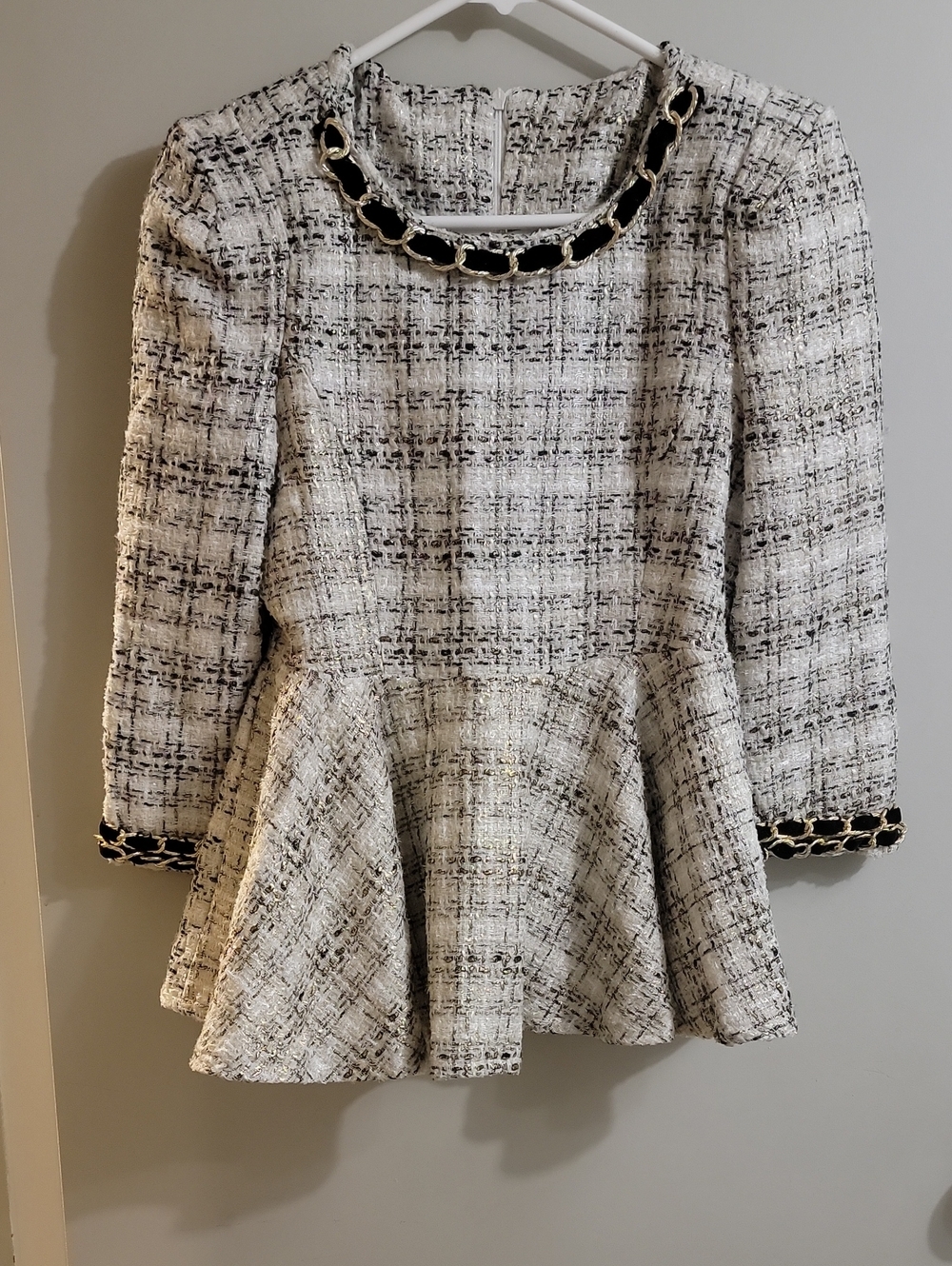 Tweed Peplum Dress with Gold Chain Trim - White & Black